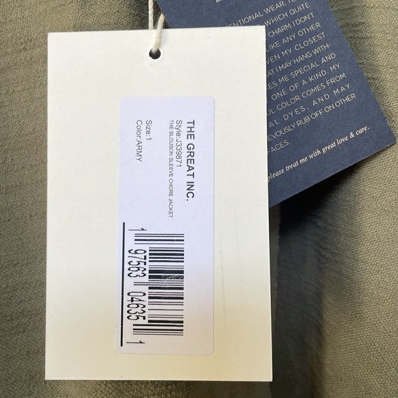 THE GREAT. The Blouson Chore Jacket in Army • NWT - Picture 9 of 9